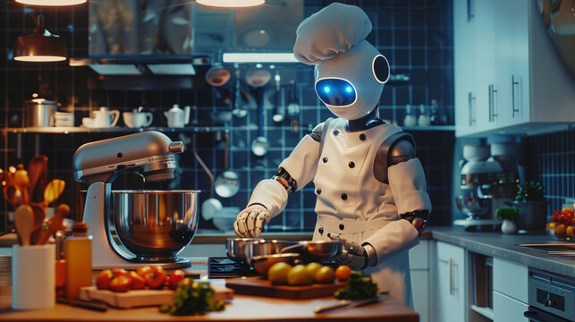 Cooking robot assistant chef in kitchen. 