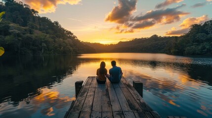 A couple sits side by side on a wooden pier backs to the camera watching the sunset over a calm lake surrounded by lush green . . - obrazy, fototapety, plakaty