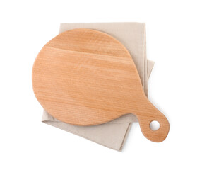 Wooden cutting board and napkin isolated on white, top view