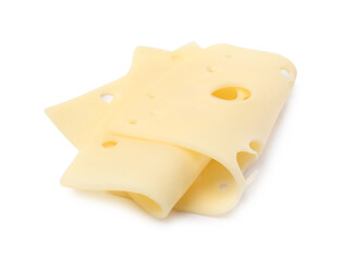 Slices of tasty fresh cheese isolated on white
