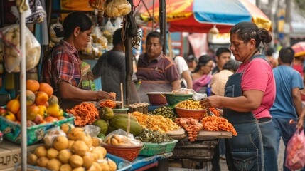 A street vendor selling a variety of unique foods and trinkets from a colorful makeshift stand in the midst of a busy city square. Shoppers crowd around drawn in by the buzz - obrazy, fototapety, plakaty