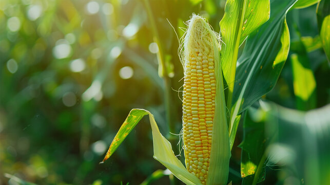 Close up of a yellow ear of corn in a field