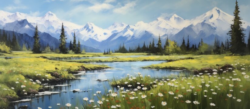 A serene painting depicting a river meandering through a lush grassy field with majestic mountains in the background under a blue sky with fluffy clouds
