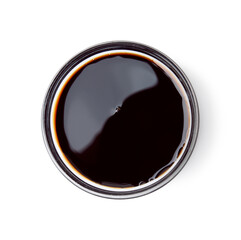 Tasty pomegranate sauce in bowl isolated on white, top view