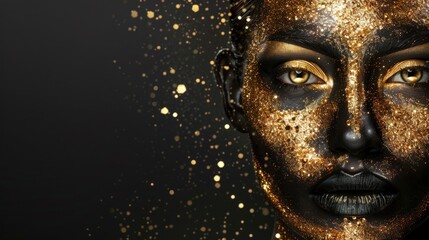 Striking portrait of a person with golden textured skin and sparkles, Concept of avant-garde, luxury, and artistic makeup
