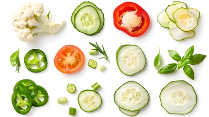 Set of slices of vegetables isolated on white background top view, design for vegetable menu. Tomat, green onion, cucumber sweet pepper zucchini Peking cabbage cauliflower radish basil. - obrazy, fototapety, plakaty