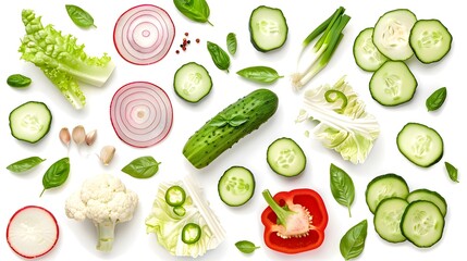 Set of slices of vegetables isolated on white background top view, design for vegetable menu. Tomat, green onion, cucumber sweet pepper zucchini Peking cabbage cauliflower radish basil. - obrazy, fototapety, plakaty