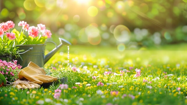 Concept background for gardening. Begonia flowers, a garden watering can, gloves, small shovel, sprouts in a garden wheelbarrow on a green lawn with daisies in the sunlight. Free space for text.