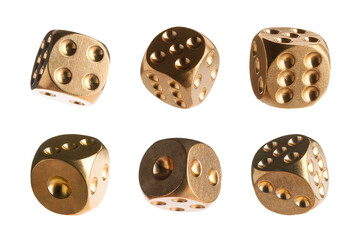 Golden dice isolated on white, collage with different sides
