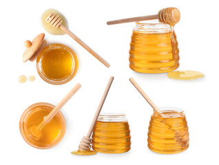 Natural honey in glass jars and dippers isolated on white, set