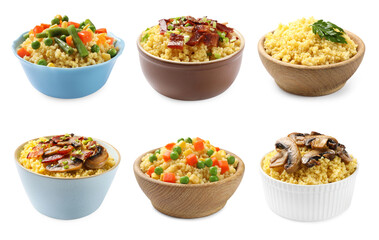 Tasty millet porridge in bowls isolated on white, set
