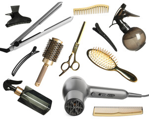 Different hairdresser tools isolated on white, set