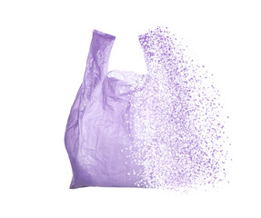 Fototapeta na wymiar Violet disposable bag vanishing on white background. Plastic decomposition