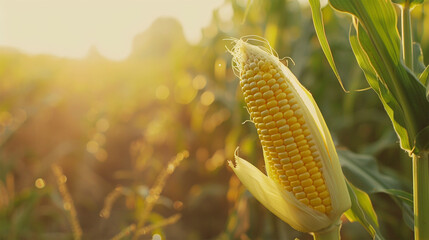 Naklejka premium Close up of a yellow ear of corn in a field