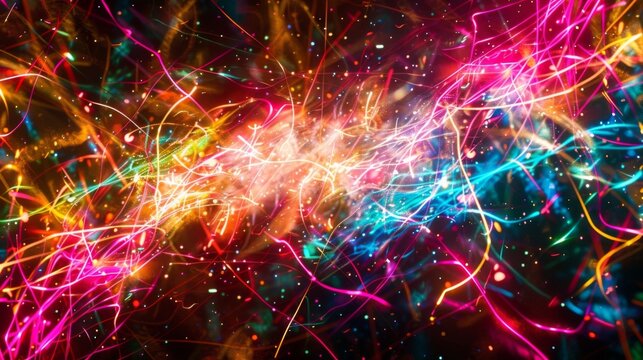 A chaotic explosion of neon particle trails intersecting and colliding in a frenzy of vibrant hues.