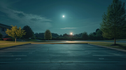 A parking lot is empty at night with a full moon in the sky - obrazy, fototapety, plakaty