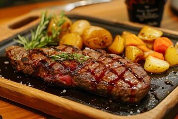 Juicy Grilled Steak with Roasted Potatoes and Vegetables on Wooden Serving Board, Gourmet Meal Concept