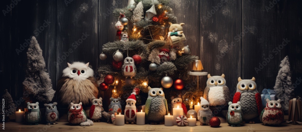 Poster a group of stuffed owls are gathered in front of a christmas tree, creating a festive display of art