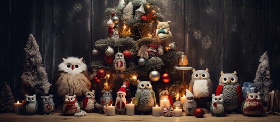 A group of stuffed owls are gathered in front of a Christmas tree, creating a festive display of...