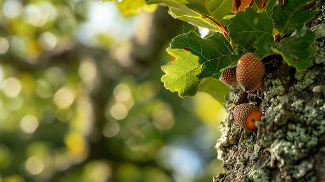 Closeup of oak leaves and acorns