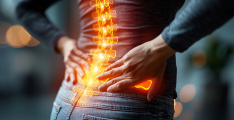 Woman Experiencing Lower Back Pain Depicted with Glowing Red Outline