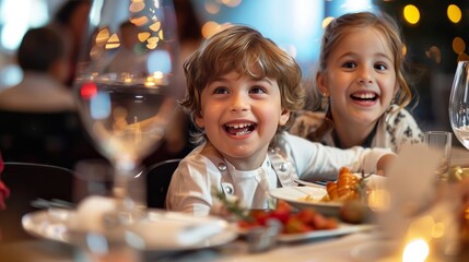 Delighted children at a luxurious food tasting event close-up on their expressions of wonder blending fine dining with youthful joy - obrazy, fototapety, plakaty