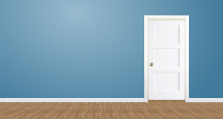 White door with blue walls in the interior.