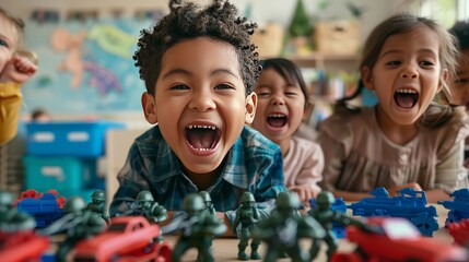Happy children in a nursery engaging in creative play with toy soldiers close-up on their expressions of wonder and excitement - obrazy, fototapety, plakaty