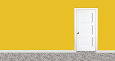 White wooden door with yellow walls and white 3D