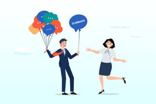 Businessman holding group of speech bubble balloons as member opinions, offering summary after finish meeting, meeting summary or conclusion, session or brainstorm recap and agreement (Vector)