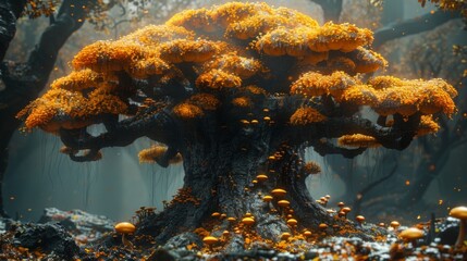 At the base of the tree tiny mushrooms and insects coexist showcasing the intricate web of life that exists around and within the tree.