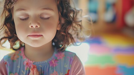 Close-up of a serene meditating child in a colorful nursery highlighting a tranquil moment of mindfulness and joy