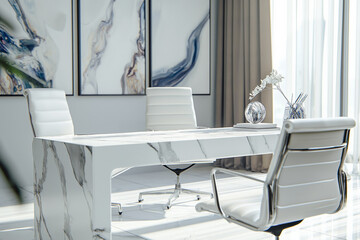 Modern Marble Desk in a Bright Office Space with Contemporary Art on Walls