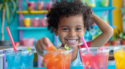 Close-up of a young aspiring bartender in a playful nursery setting mixing vibrant non-alcoholic drinks with a big smile - obrazy, fototapety, plakaty