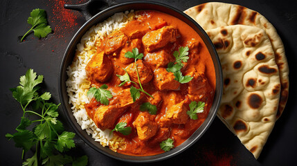 butter chicken, an Indian cuisine staple, served over white rice, garnished with herbs, and accompanied by naan bread