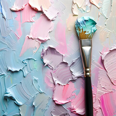 A pink brush rests on a rectangular aqua palette of paint, creating a vibrant artistic display on the wall. The patterns and colors tie together beautifully
