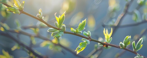 A Vibrant Emergence: The First Fresh Green Shoot of a Willow Tree Gently Unfurls Against the Soft Light of Early Spring