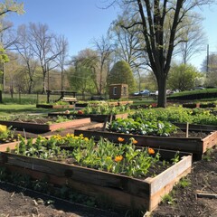A Flourishing Oasis: The Heart of the Community Blooms in a Public Park with Locals Cultivating a Vibrant Array of Spring Vegetables and Flowers