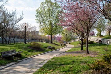 Fototapeta na wymiar A Serene Elevated Park Oasis: Early Spring Blooms and Grassy Picnic Spots Welcome City Dwellers Seeking Relaxation