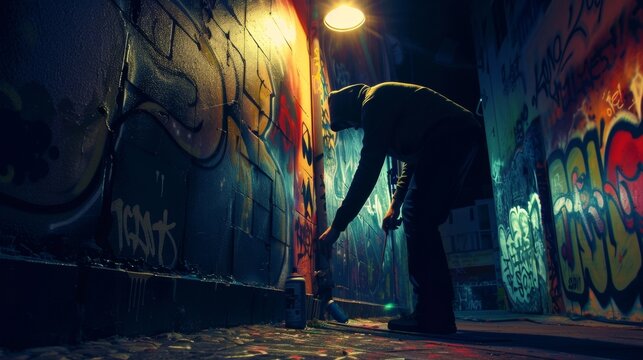 A graffiti artist works tirelessly under the cover of darkness their artwork illuminated by a single street lamp. As they add the finishing touches their creation comes to