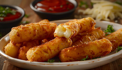 Crispy Golden Mozzarella Sticks Served with Marinara Sauce for Dipping, Perfect for a Delicious Appetizer or Snack