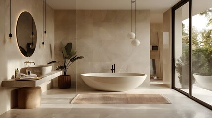 Fototapeta na wymiar A modern and minimalist bathroom, floor-to-ceiling glass wall, modern bathtub, minimalistic . For design, 3d render, decoration, lifestyle