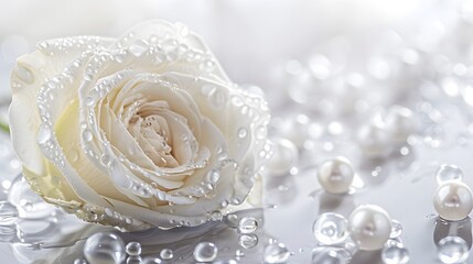 White rose and pearls in drops of water macro with soft focus on white background. Elegant gentle airy artistic template for congratulations.
