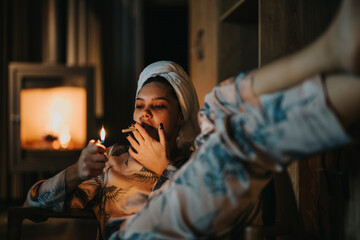Young woman wearing a head towel and bathrobe enjoys a cigarette by the warmth of a crackling...