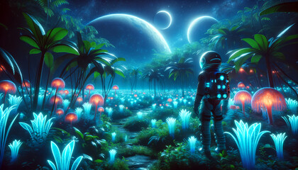 Fototapeta na wymiar Astronaut's Discovery: Bioluminescent Alien Jungle Under Triple Moons 4K Wallpaper Cool Background