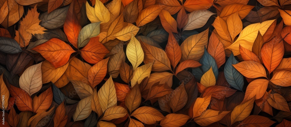 Poster an array of autumn leaves in shades of orange and peach adorn the ground, creating a beautiful natur