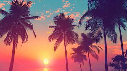 Fototapeta na wymiar Luxurious tropical beach landscape. Silhouettes of palm trees against sky at sunset or dawn.