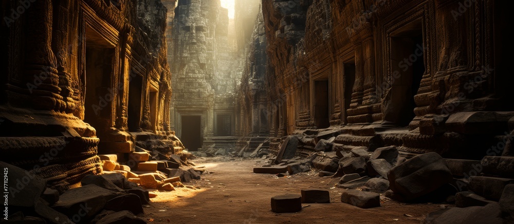 Poster the sunlight is filtering through the windows of a historic building nestled in a cave, creating a u