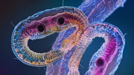 A microscopic image of two roundworms entwined engaged in behavior.