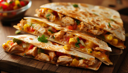 Delicious Quesadillas Filled with Melted Cheese, Chicken, and Fresh Vegetables, Served with Guacamole and Salsa, Perfect for a Flavorful Mexican Meal